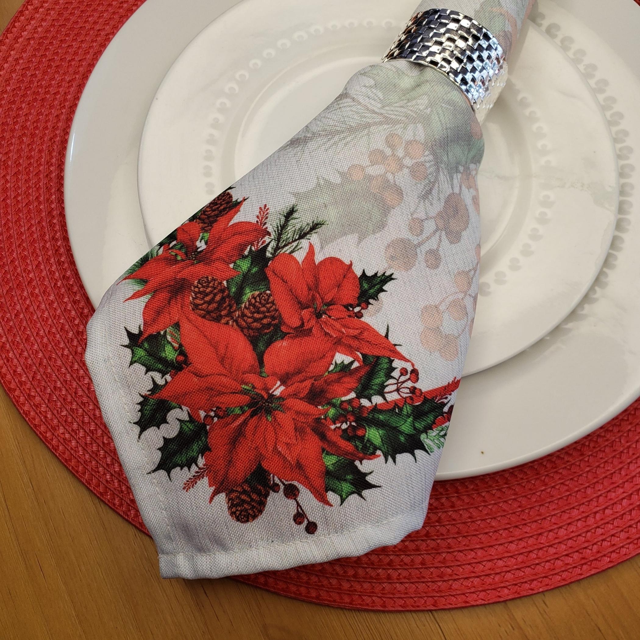 Charlo's Cloth Napkins Set of 4 Christmas Grey Flower 16