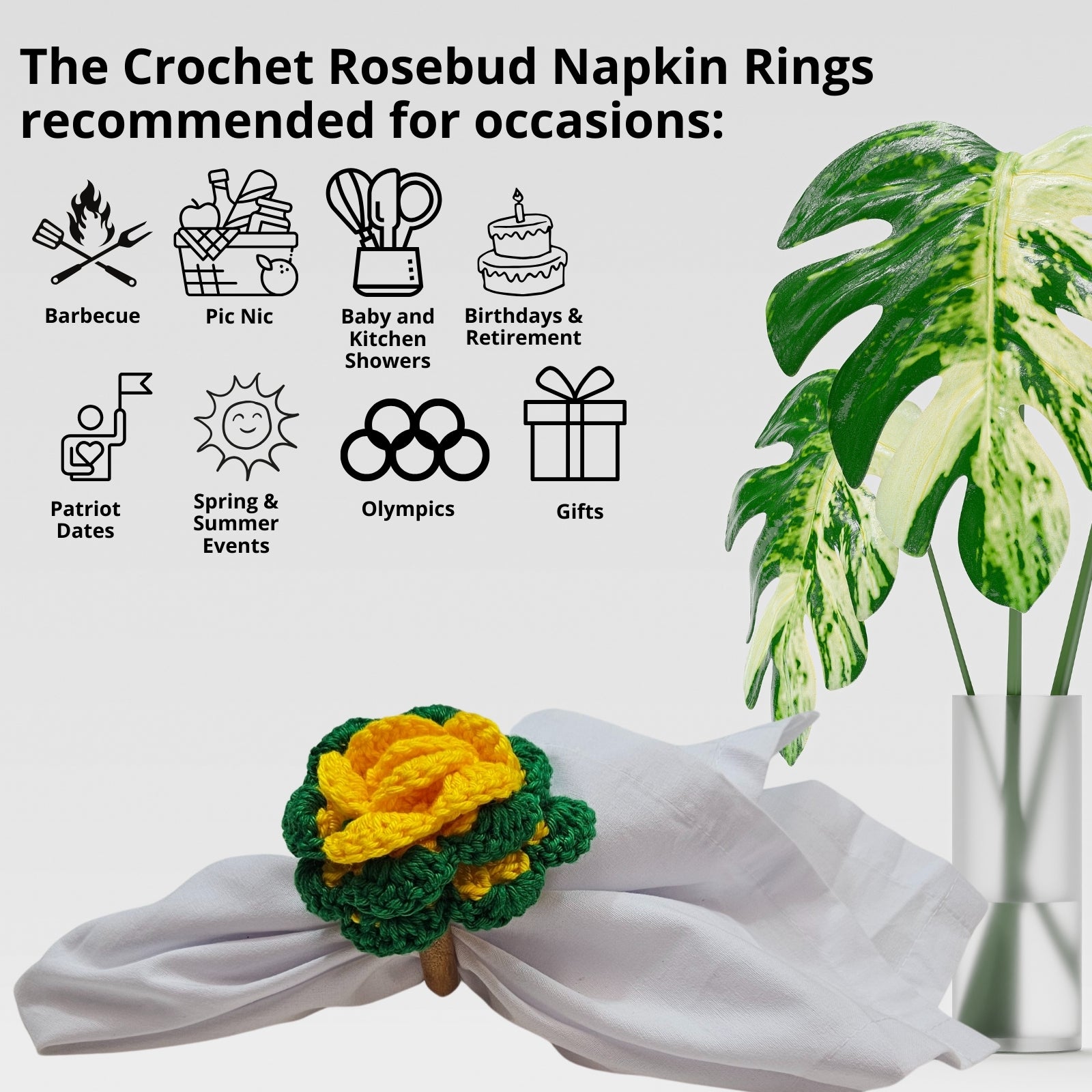 Charlo's Set of 6 Green and Yellow Crochet Rosebud Flower Napkin Rings for Dinner Table Decor, Handmade, Table setting