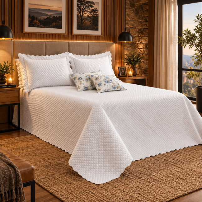 Maison Charlo Soft Florence Reversible Queen Bedspread Set – White – 5 Pieces