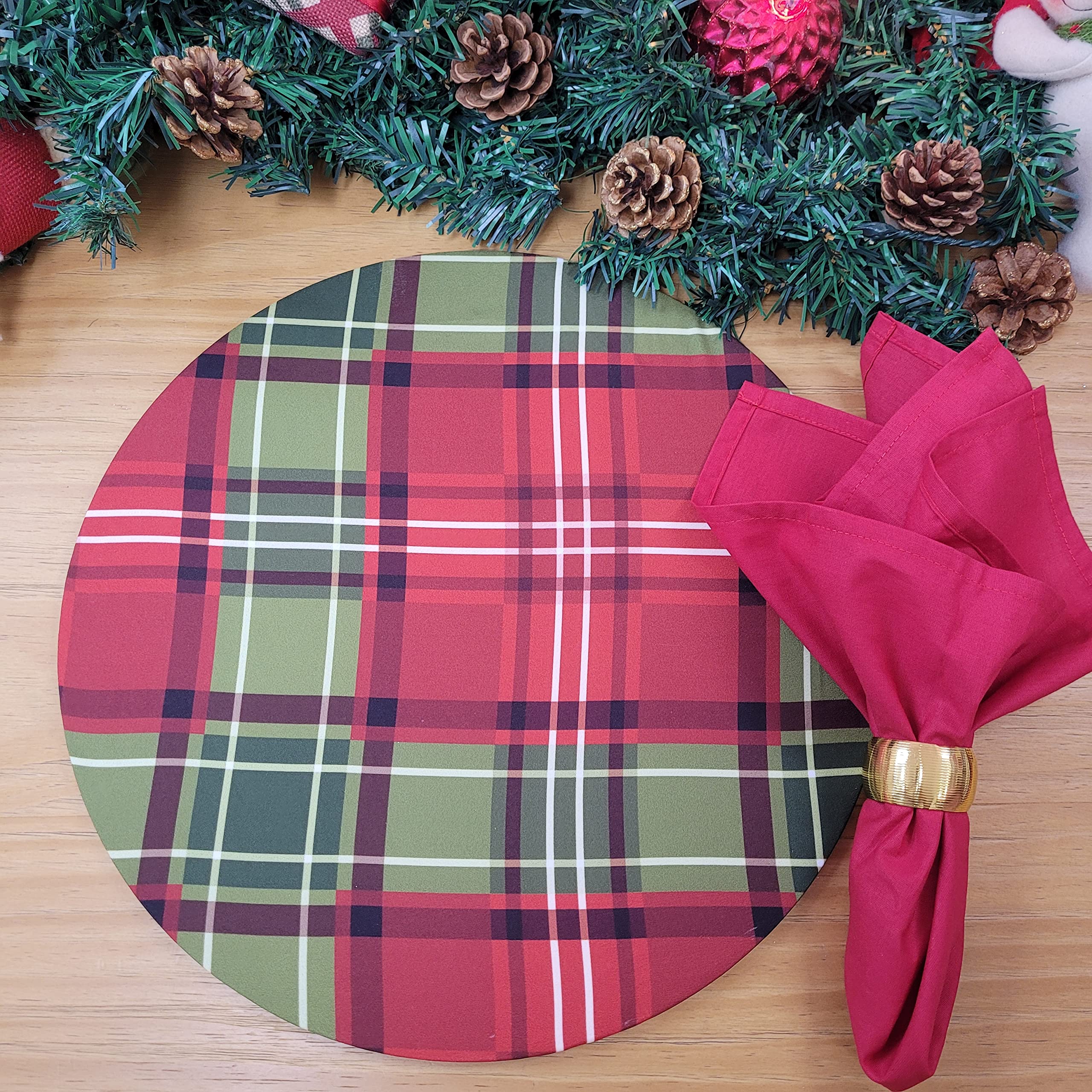 Set of 4 Round Placemats Covers Christmas Plaid Cloth 14