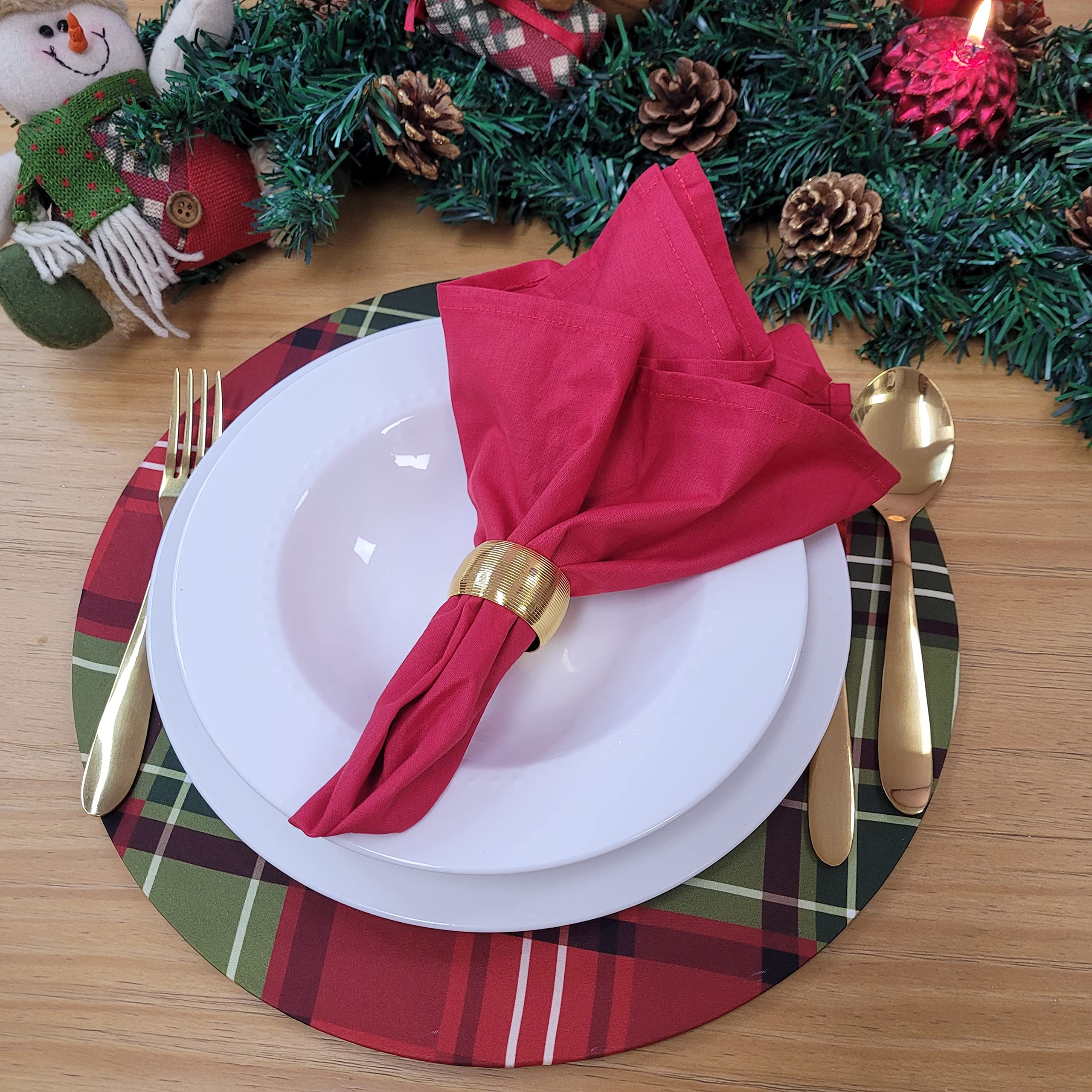 Set of 4 Round Placemats Covers Christmas Plaid Cloth 14