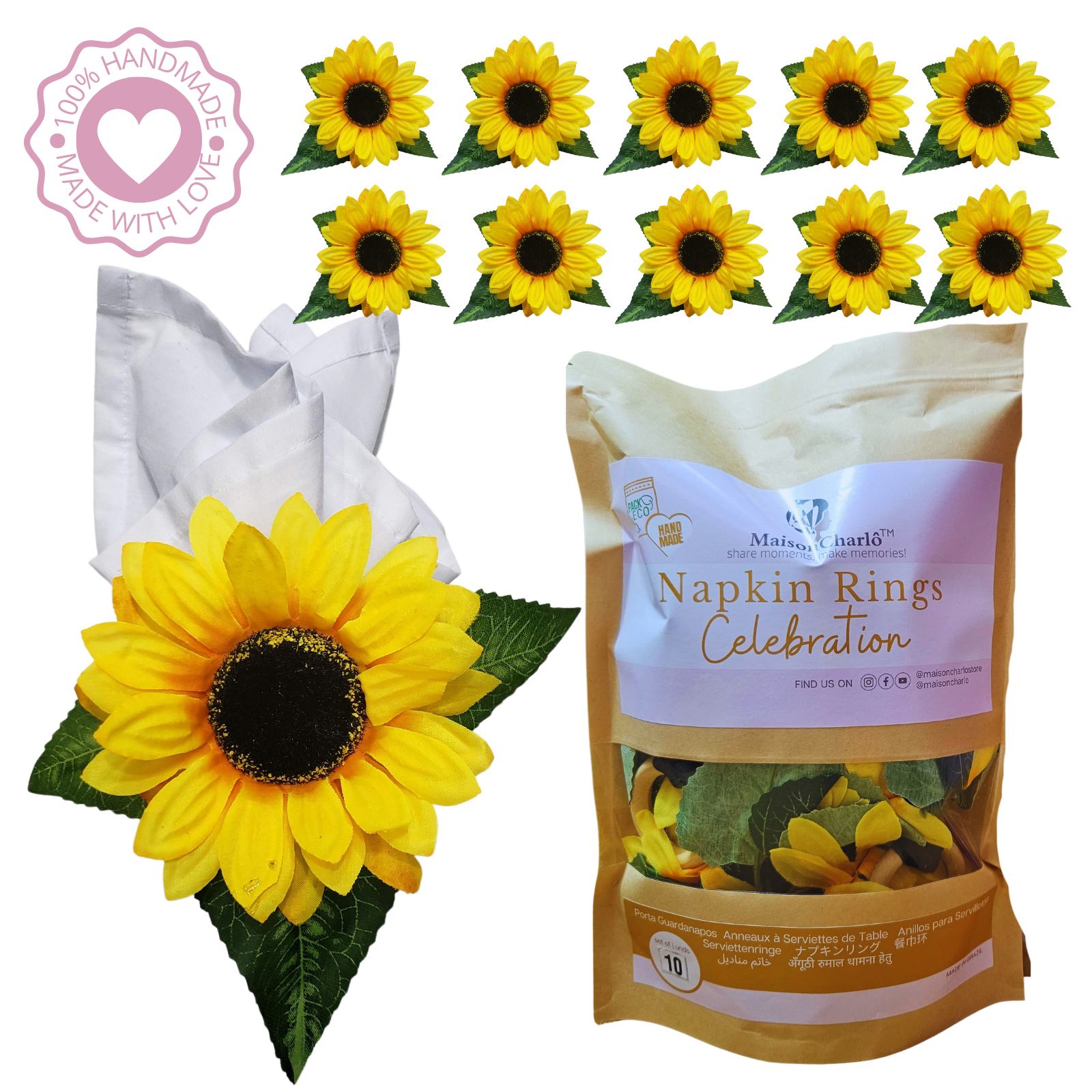 Maison Charlo | Wholesale Set of 10 Sunflower Napkin Rings for party, wedding, shopkeeper, birthday, restaurant