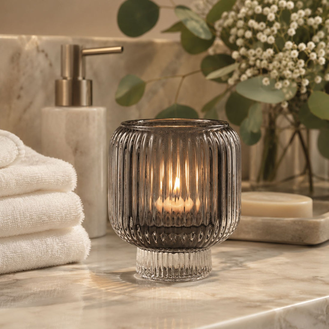 Black Ribbed Glass Candle Holder – Transparent Decorative Votive