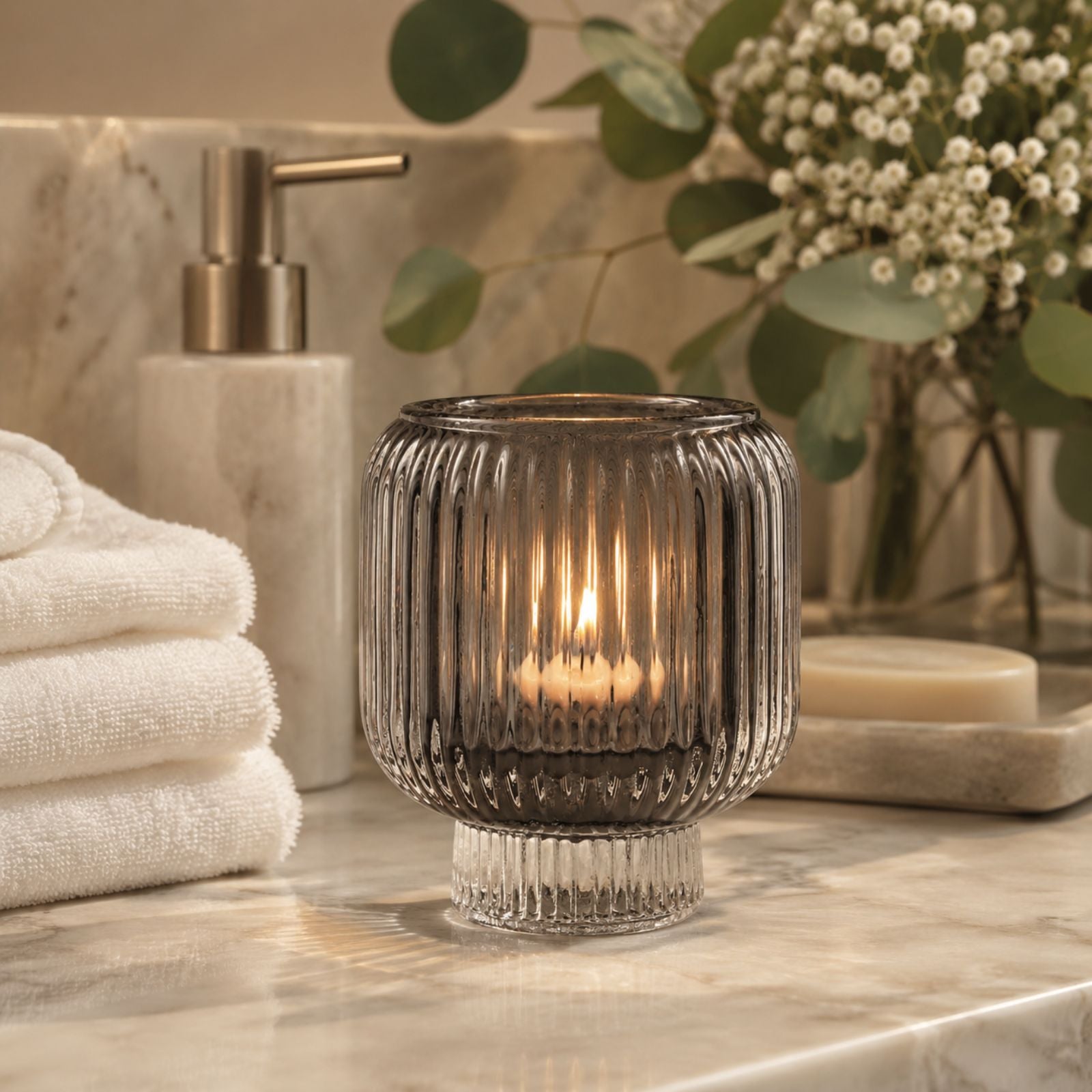 Black Ribbed Glass Candle Holder – Transparent Decorative Votive