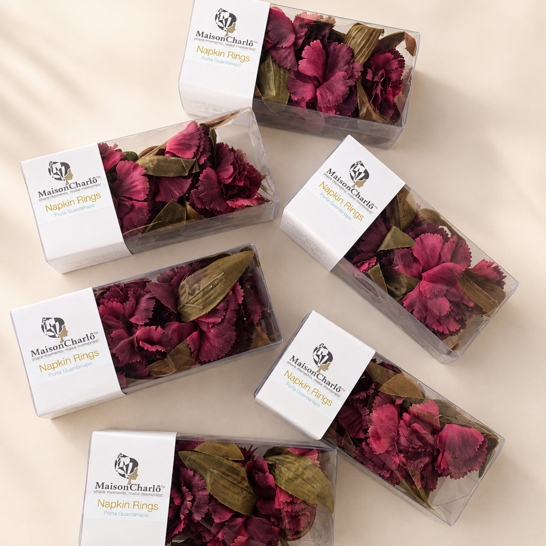 Maison Charlo Burgundy Carnation Flower Napkin Rings Set of 4, Floral Napkin Ring Holders