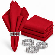 Maison Charlo Set of 4 Red Basic Cloth Napkins 16 × 16 in with Silver Stretchable Napkin Rings