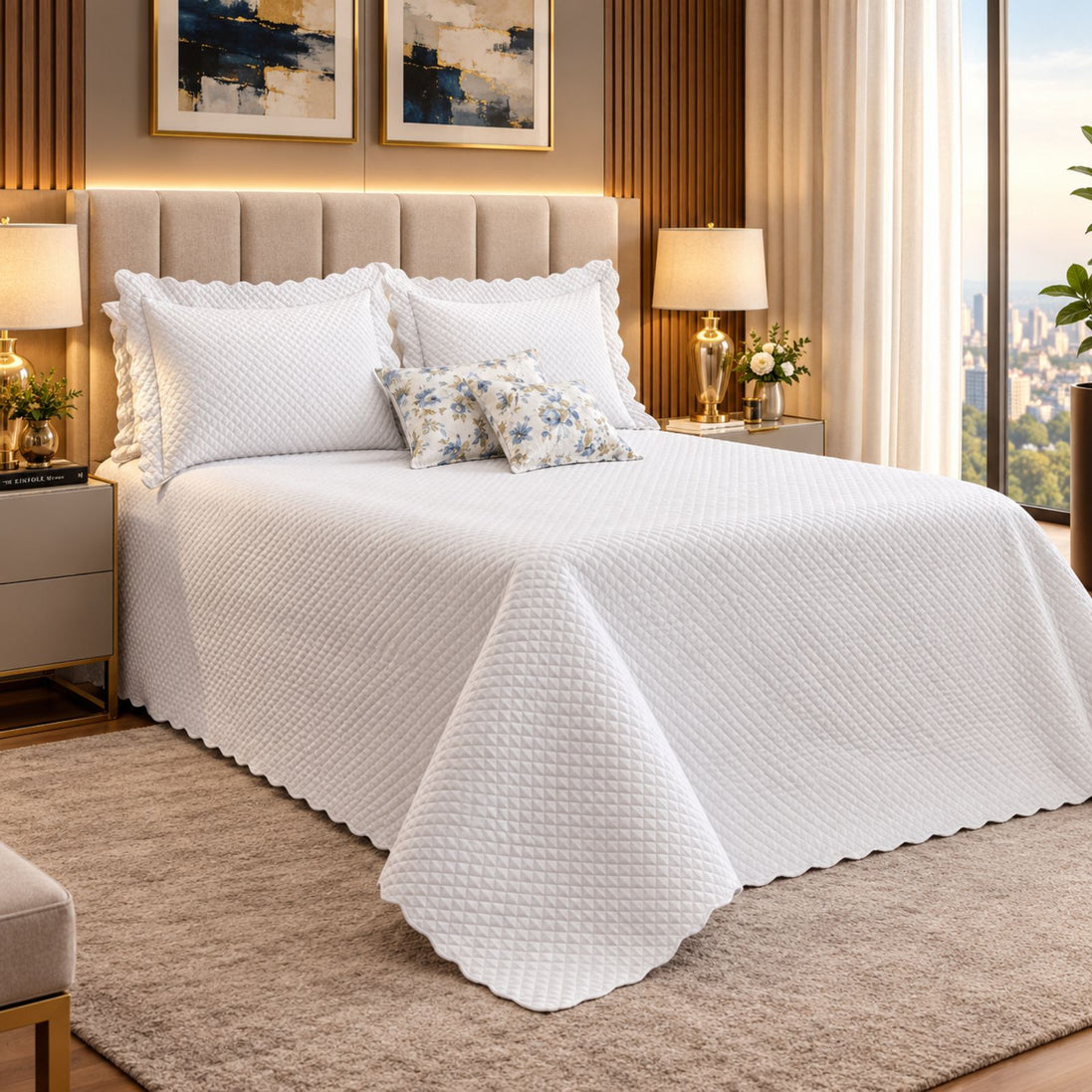 Maison Charlo Soft Florence Reversible Queen Bedspread Set – White – 5 Pieces