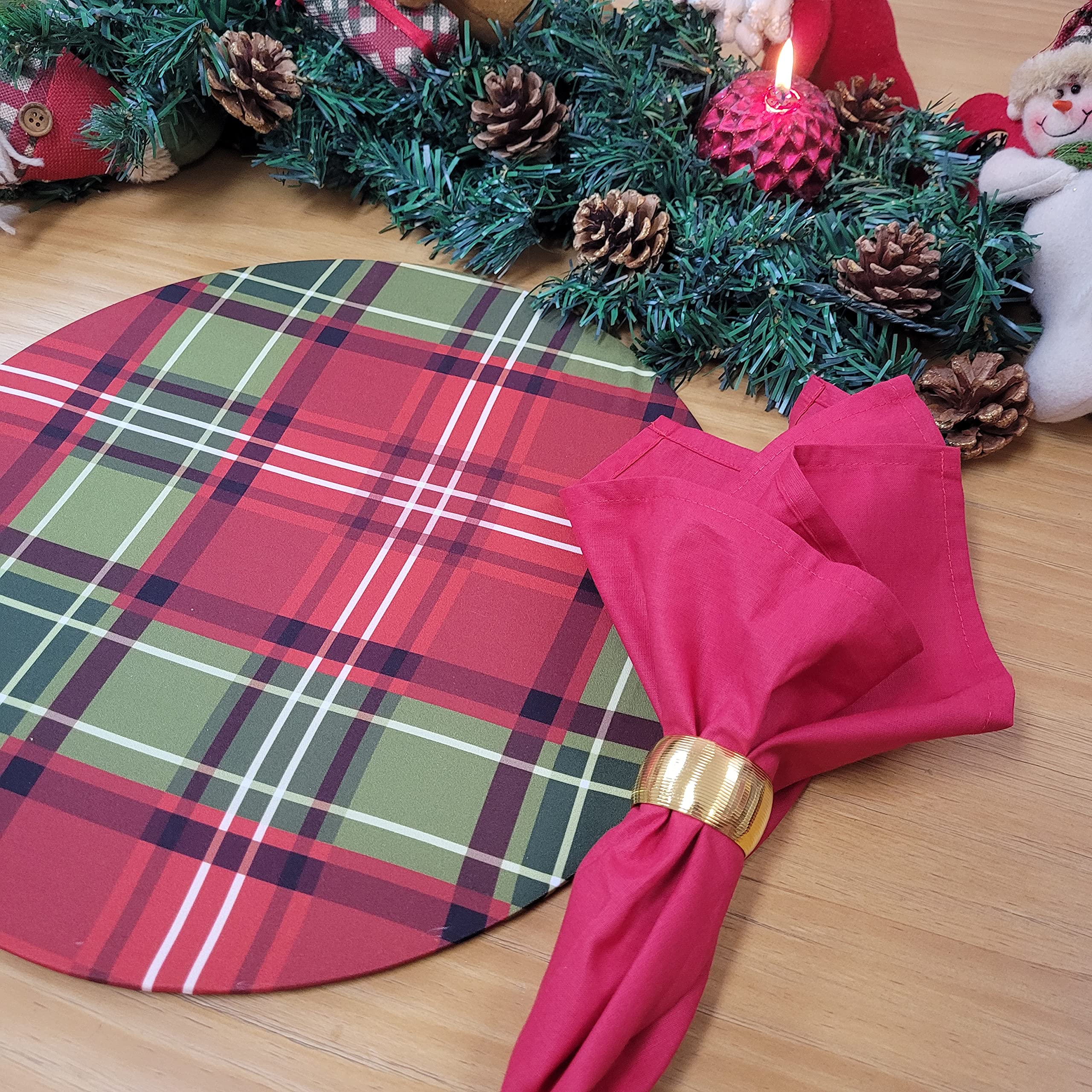 Set of 4 Round Placemats Covers Christmas Plaid Cloth 14