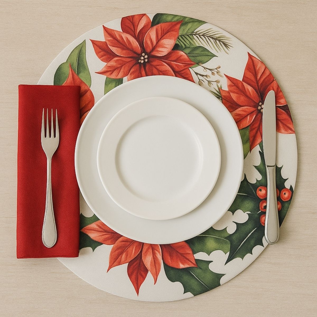 Set of 4 Round Placemats Covers Red Christmas Flower 14