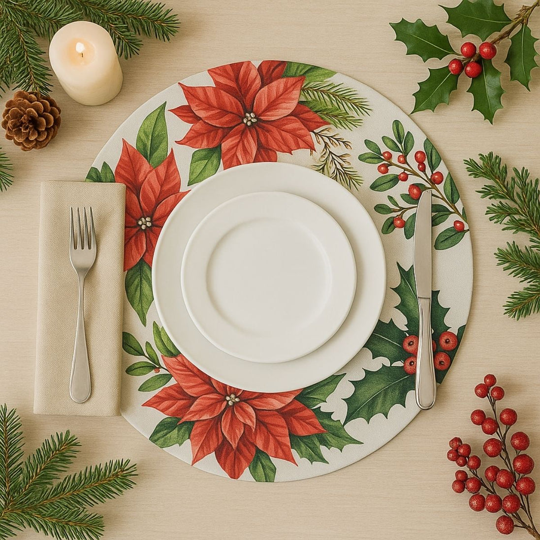 Set of 4 Round Placemats Covers Red Christmas Flower 14" Dia Synthetic | Red