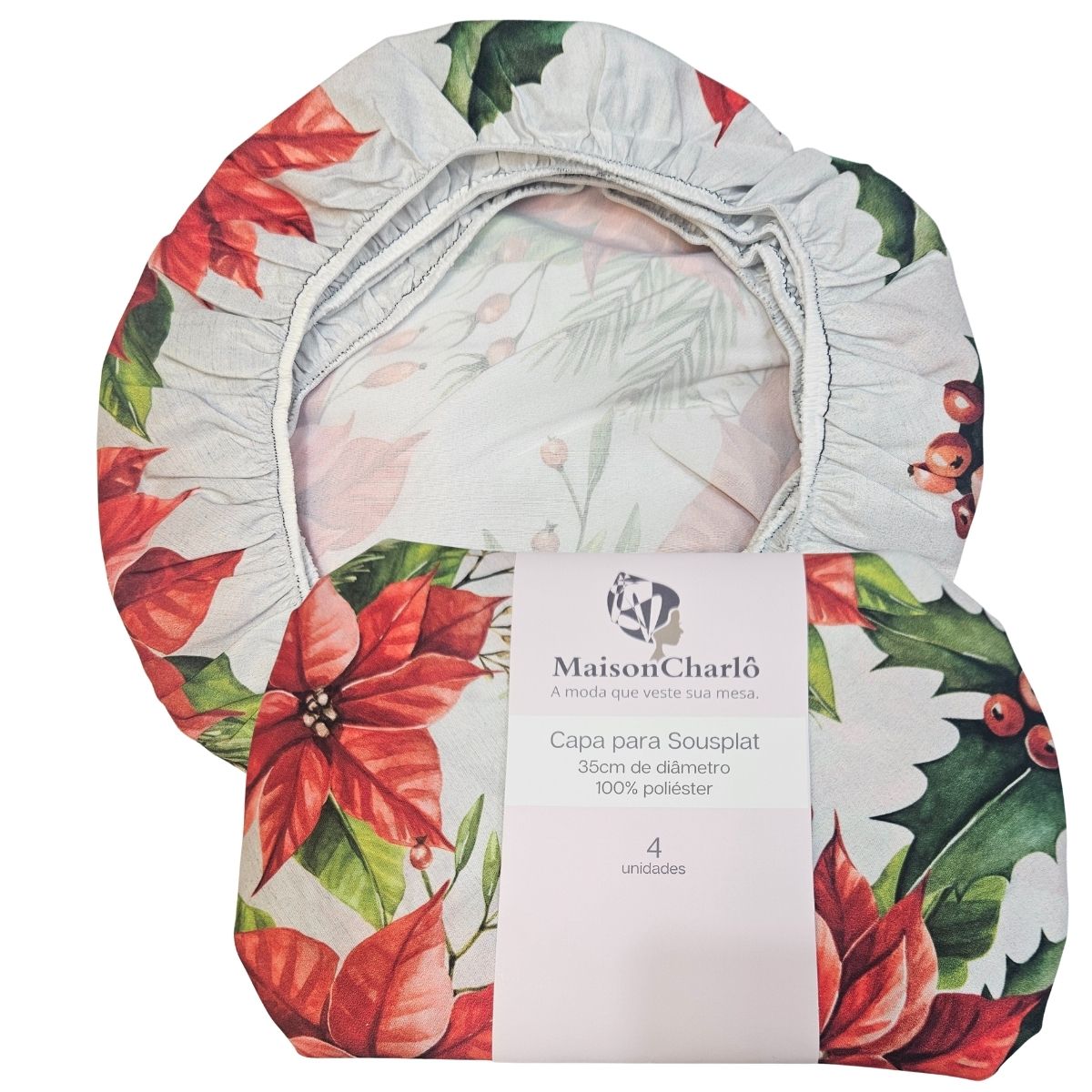 Set of 4 Round Placemats Covers Red Christmas Flower 14