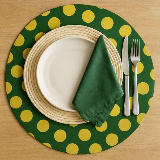 Set of 4 Cotton Placemat Covers with Large Green and Gold Polka Dots 14" Dia