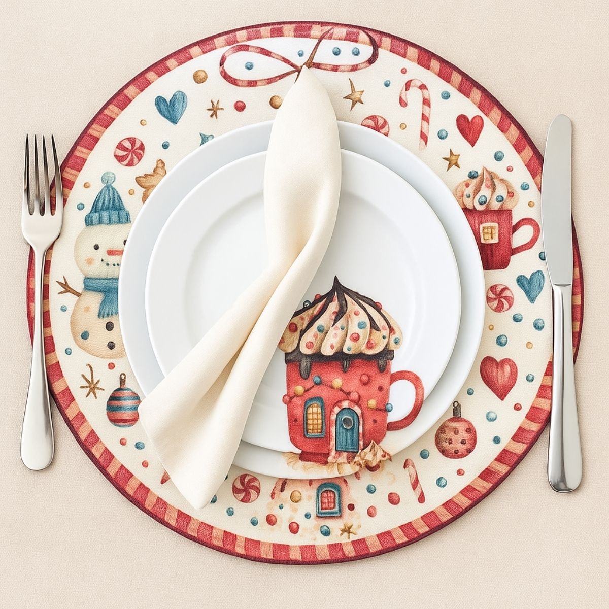 Set of 4 Round Placemats Covers Christmas Candy Cloth 14