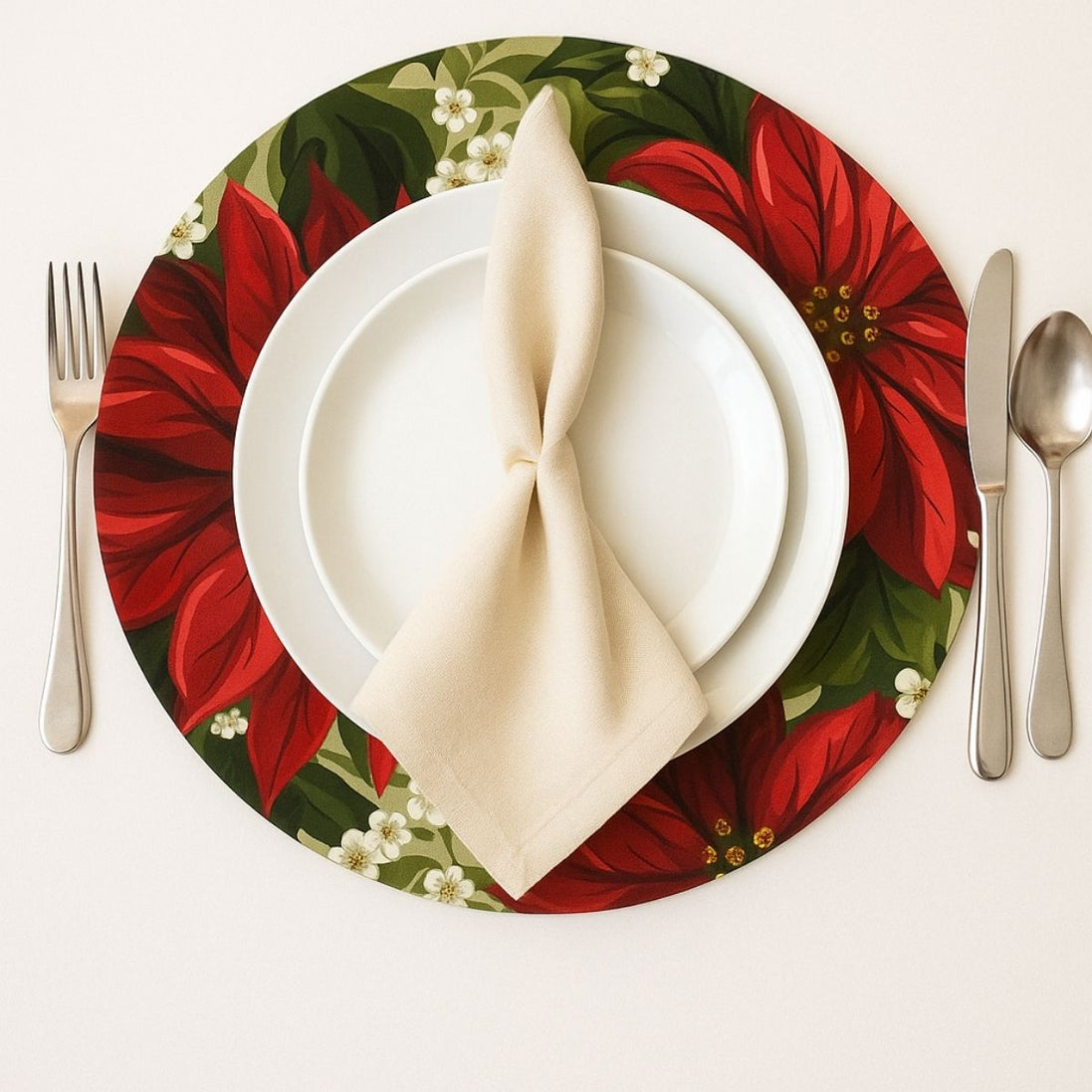 Set of 4 Round Placemats Covers Christmas Big Red Flower Cloth 14" Dia - Green