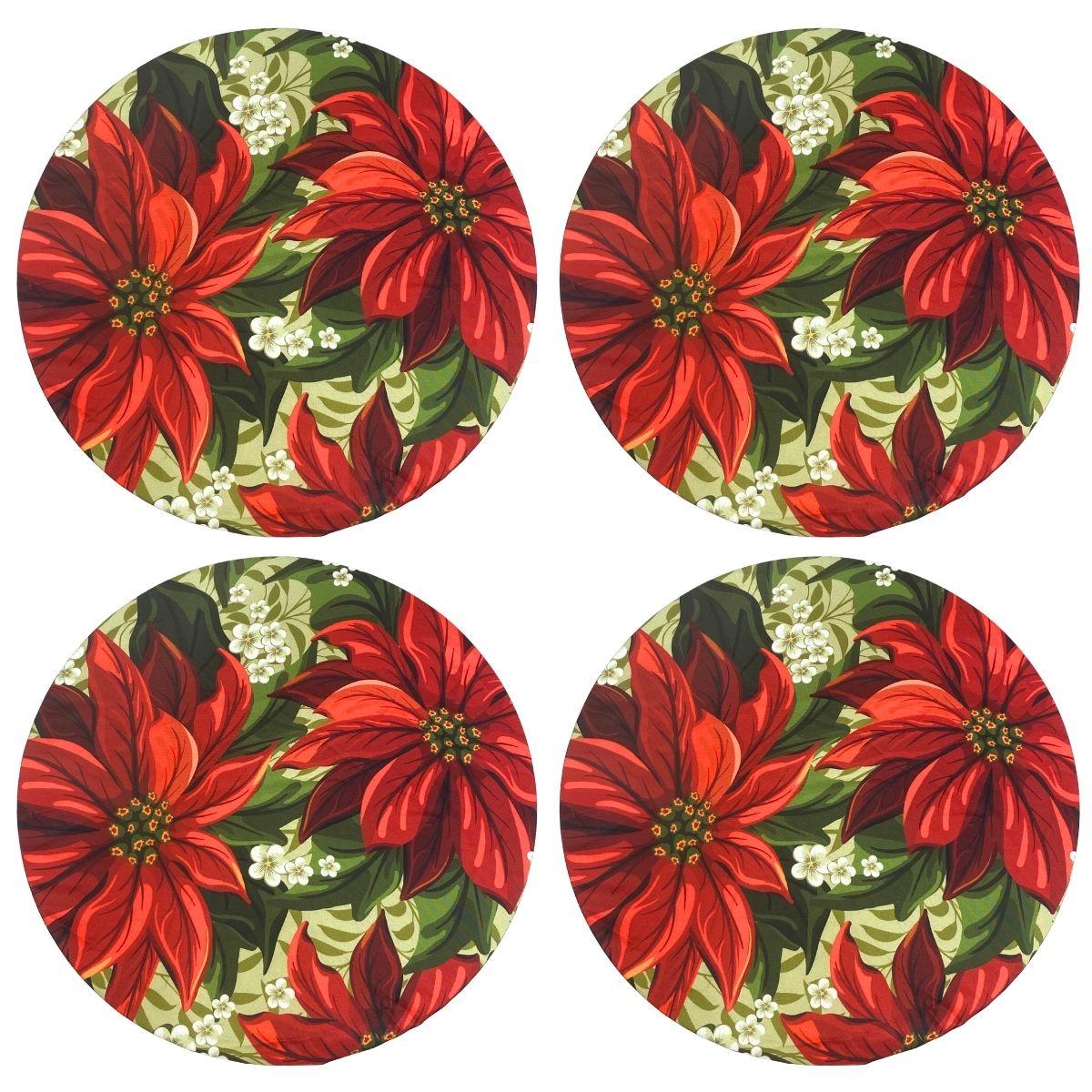 Set of 4 Round Placemats Covers Christmas Big Red Flower Cloth 14