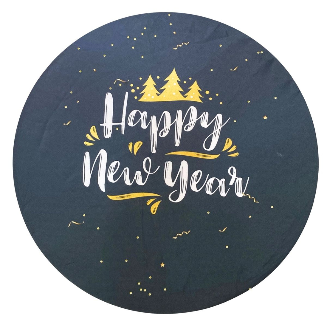 Set of 4 Round Placemats Covers Christmas Happy New Year Cloth 14" Dia  | Black