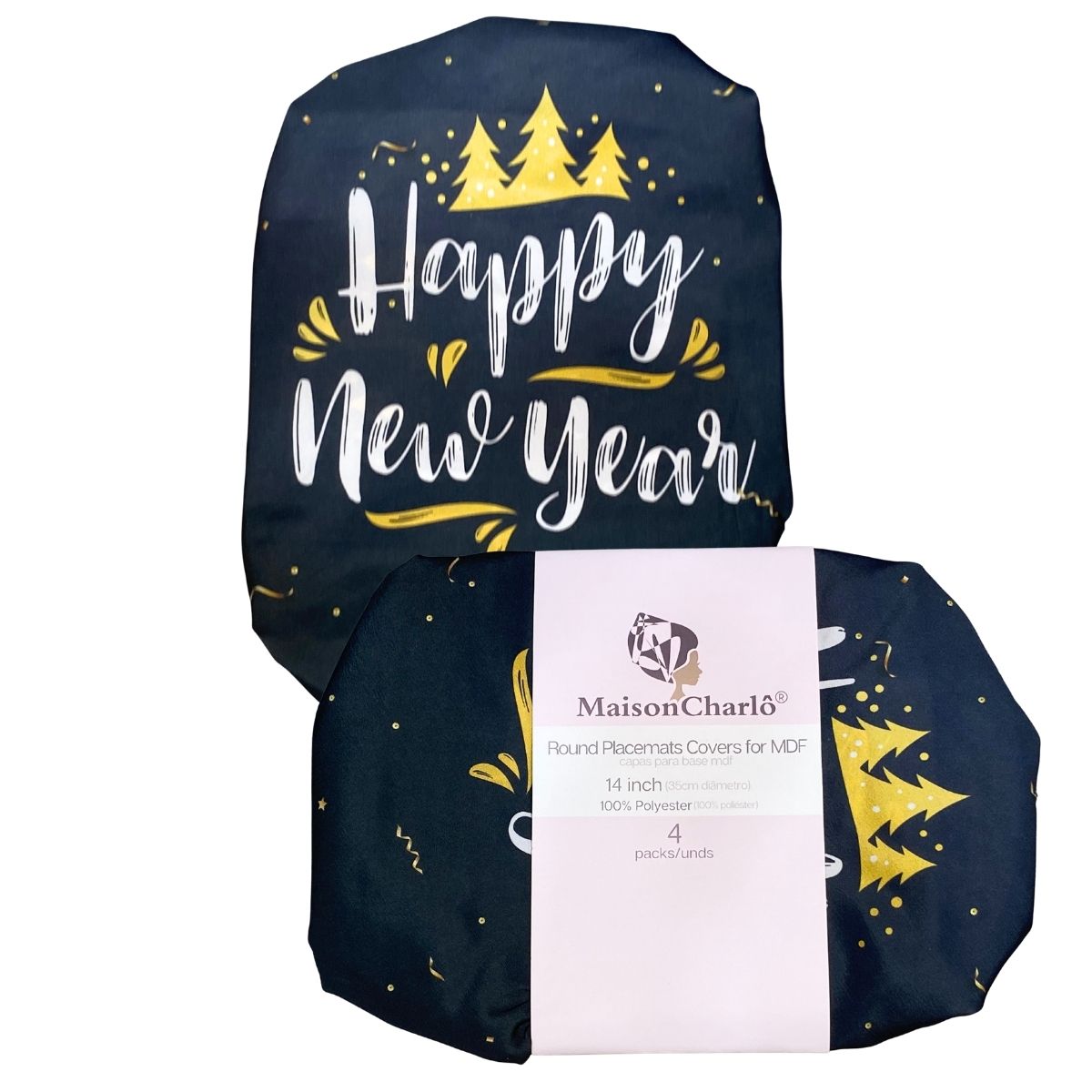 Set of 4 Round Placemats Covers Christmas Happy New Year Cloth 14