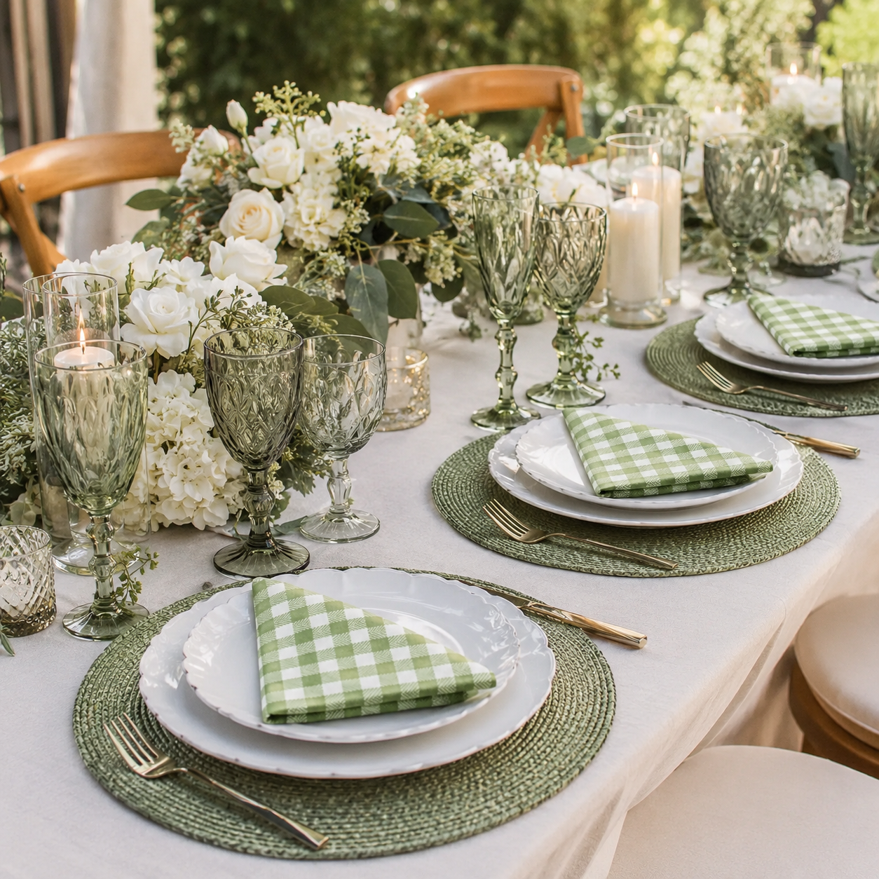 Set of 12 Synthetic Cloths Napkins Farmhouse Green Check 13.8 x 13.8 in