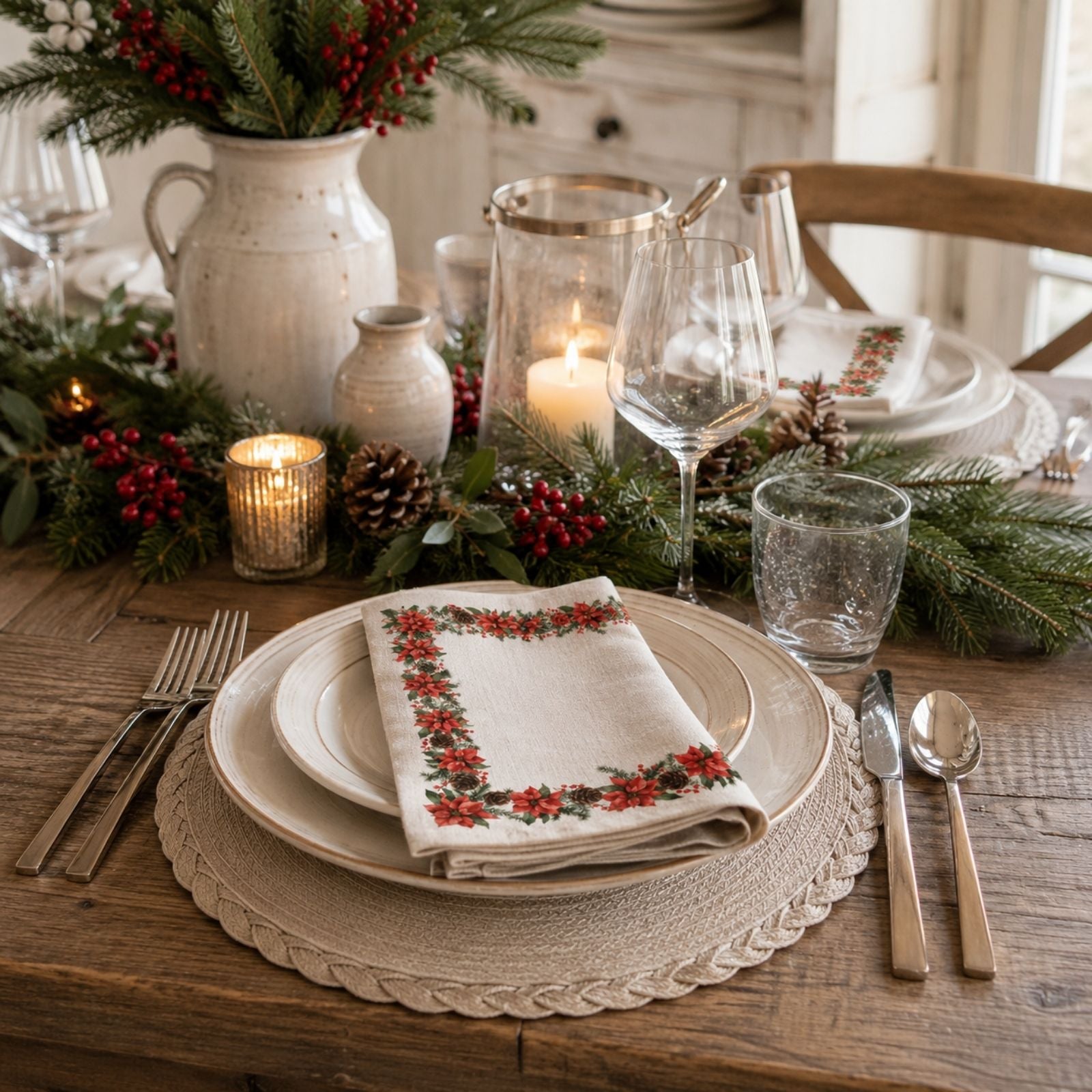Charlo’s Set of 4 Christmas Farmhouse Napkins Poinsettia 18