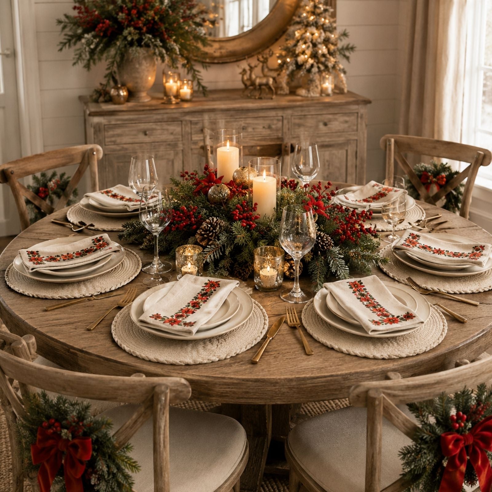 Charlo’s Set of 4 Christmas Farmhouse Napkins Poinsettia 18
