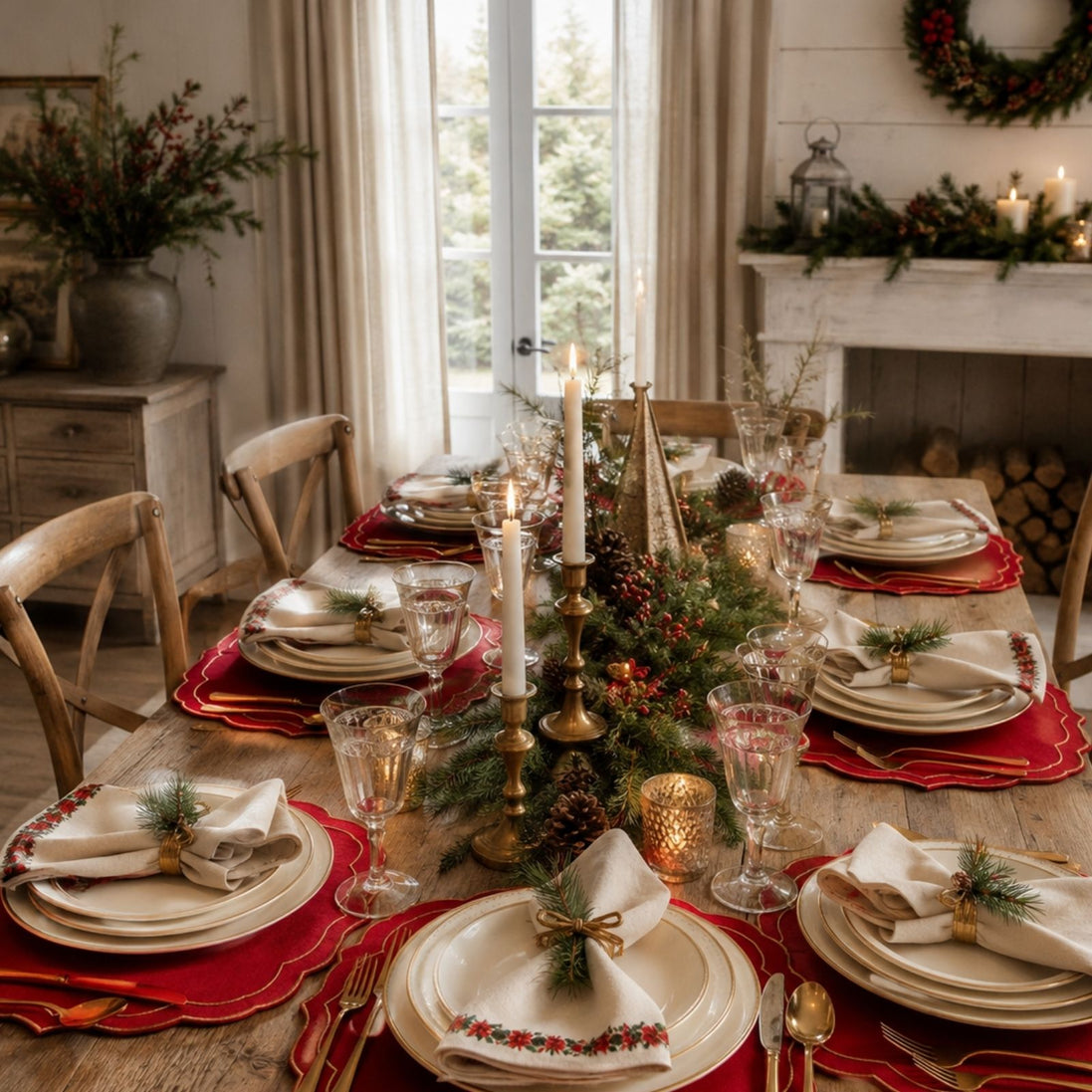 Charlo’s Set of 4 Christmas Farmhouse Napkins Poinsettia 18" x 18"