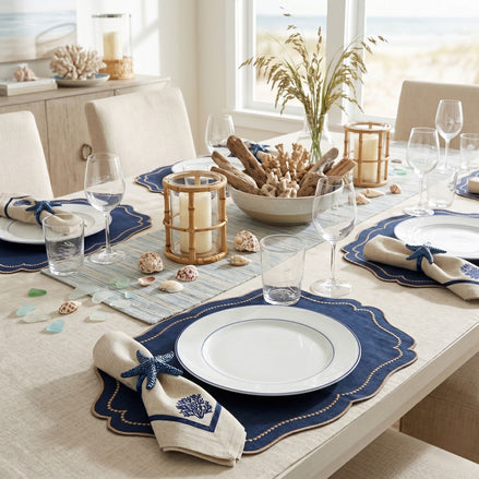 Charlo’s Set of 4 Cloth Napkin Coastal Coral Border 18" x 18"