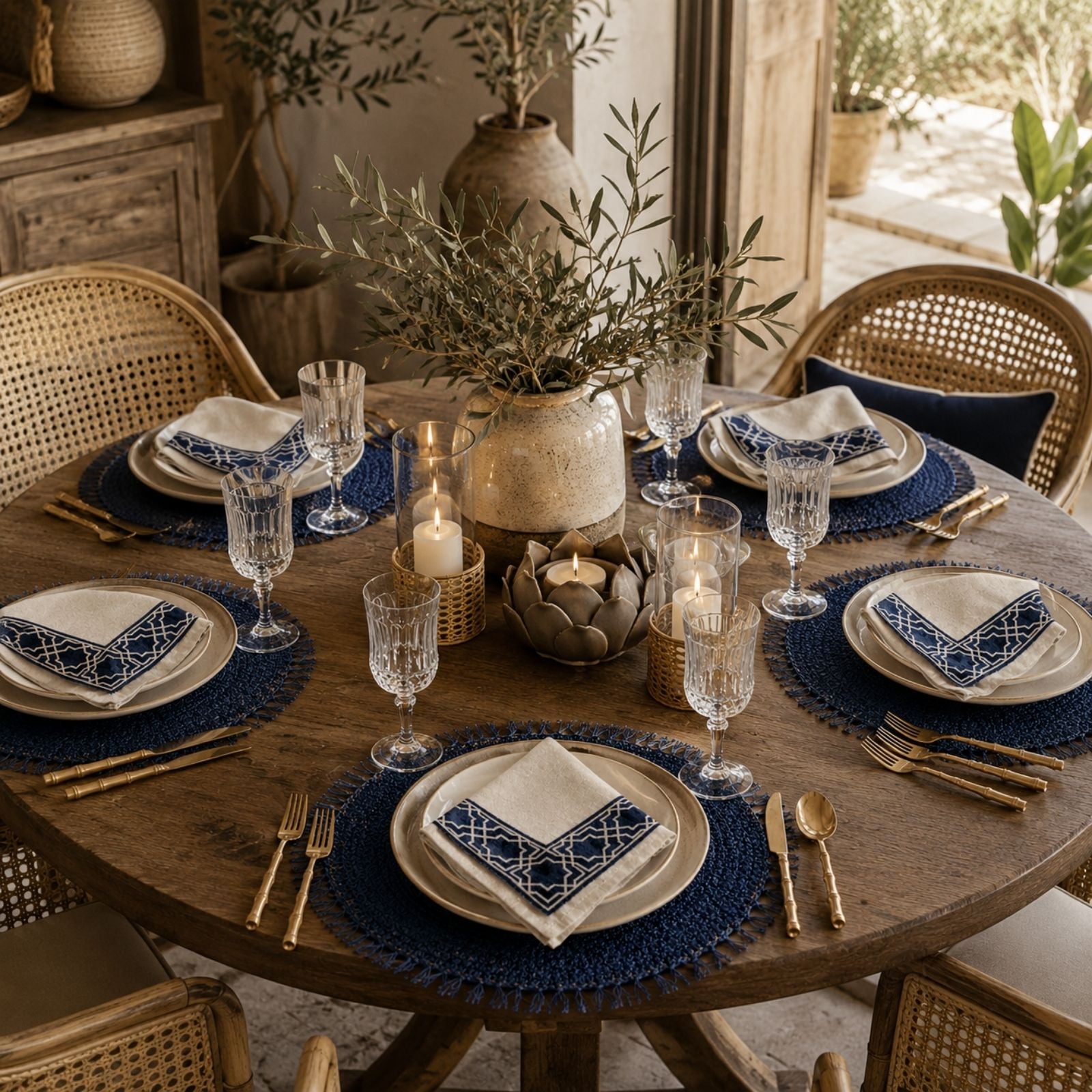Charlo’s Set of 4 Cloth Blend Napkins Geometric Navy 18
