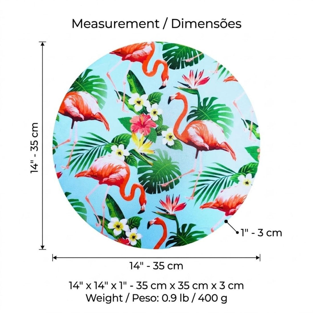 Set of 4 Round Placemats Covers Green Flamingo and Monstera Leaf 14 Dia inch