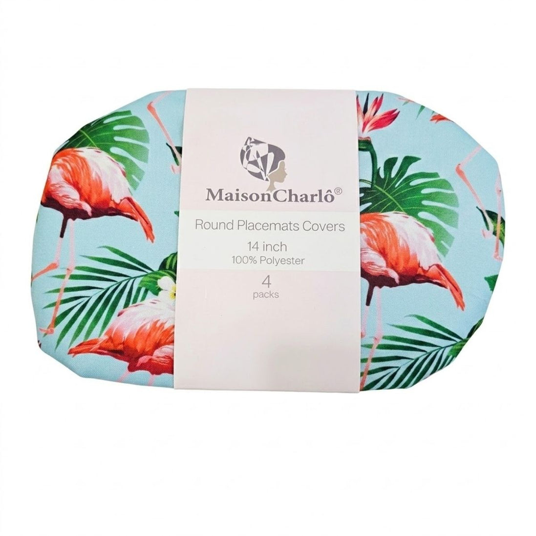Set of 4 Round Placemats Covers Green Flamingo and Monstera Leaf 14 Dia inch