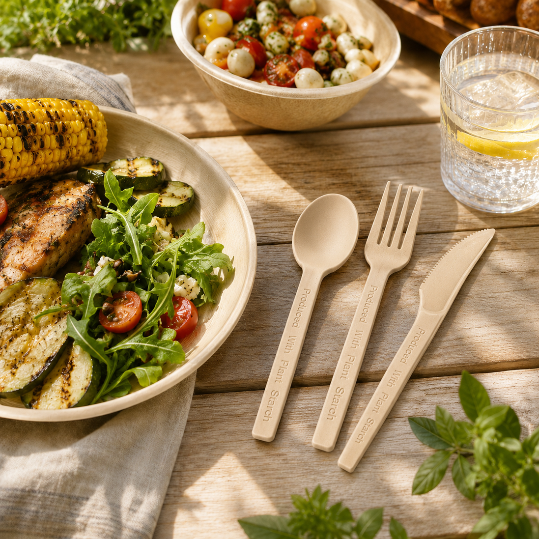 Corn Bagasse Cutlery Set — Fork, Knife & Spoon, 30 Pieces