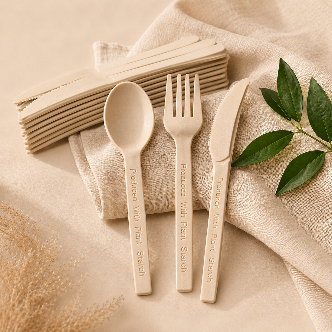 Corn Bagasse Cutlery Set — Fork, Knife & Spoon, 30 Pieces