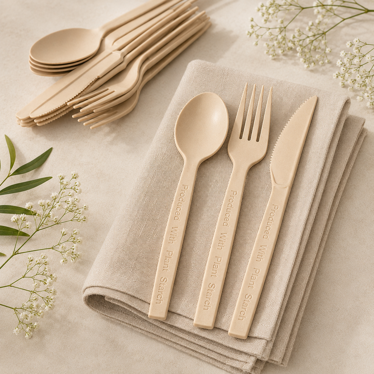 Corn Bagasse Cutlery Set — Fork, Knife & Spoon, 30 Pieces