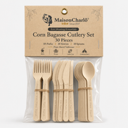 Corn Bagasse Cutlery Set — Fork, Knife & Spoon, 30 Pieces