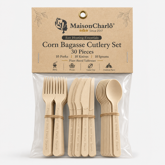 Corn Bagasse Cutlery Set — Fork, Knife & Spoon, 30 Pieces