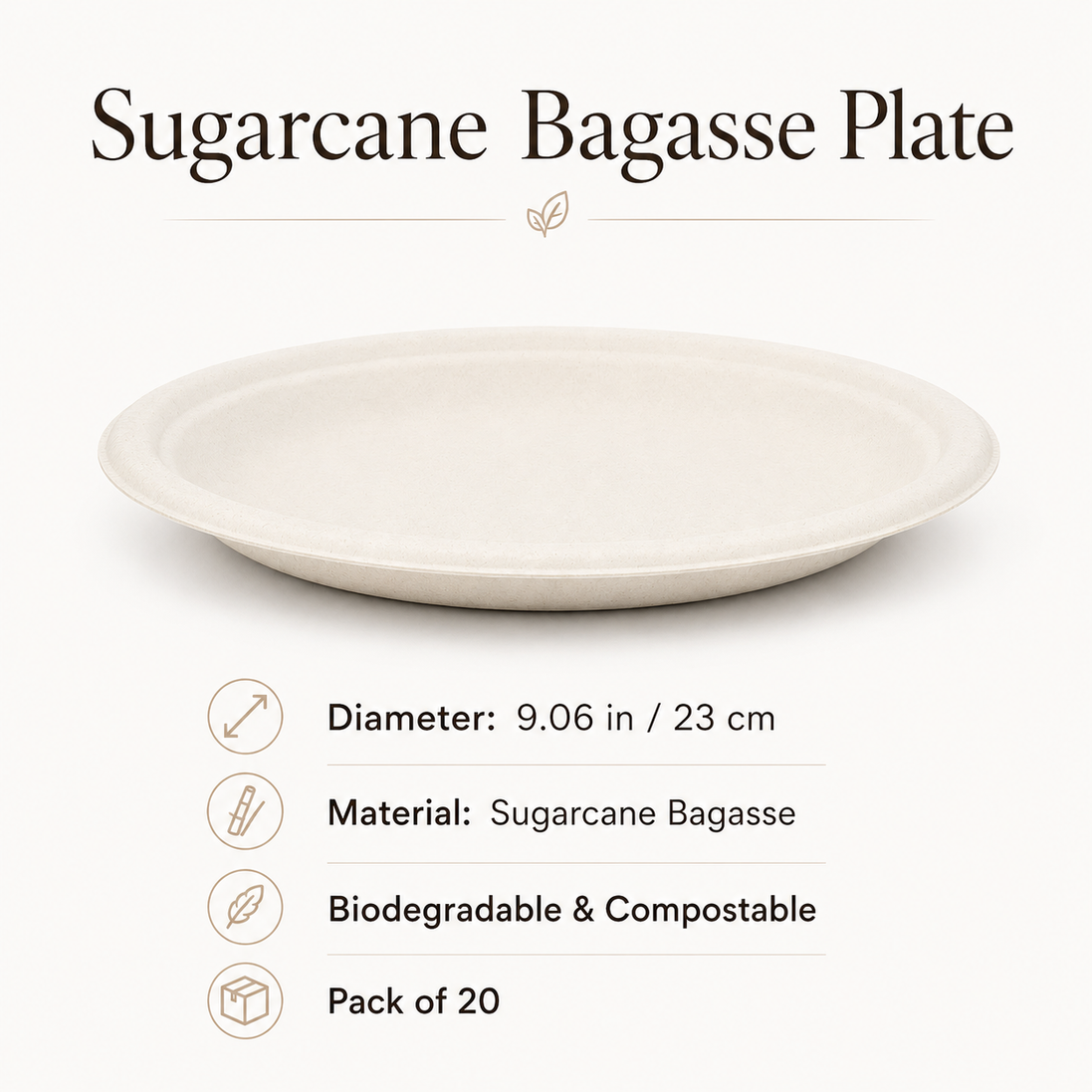 Sugarcane Bagasse Plates 9 in — Eco Hosting Tableware, Pack of 20