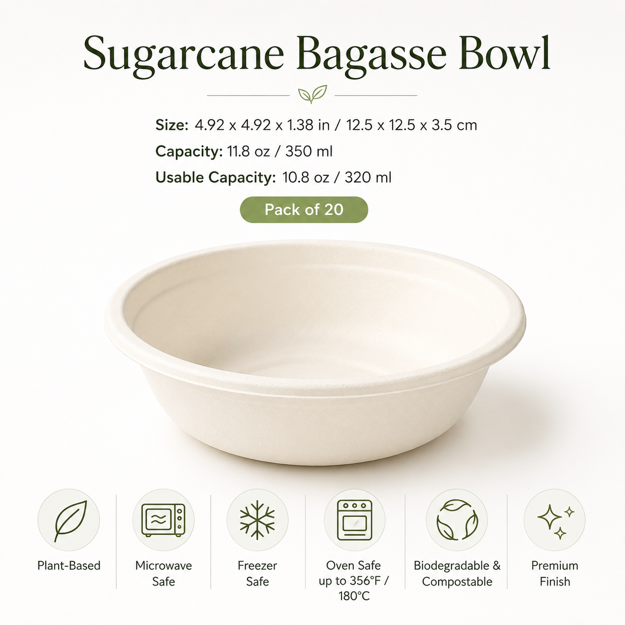 Sugarcane Bagasse Bowls 12 oz — Eco Hosting Tableware, Pack of 20