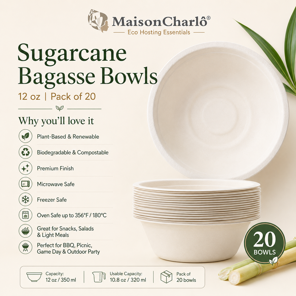 Sugarcane Bagasse Bowls 12 oz — Eco Hosting Tableware, Pack of 20