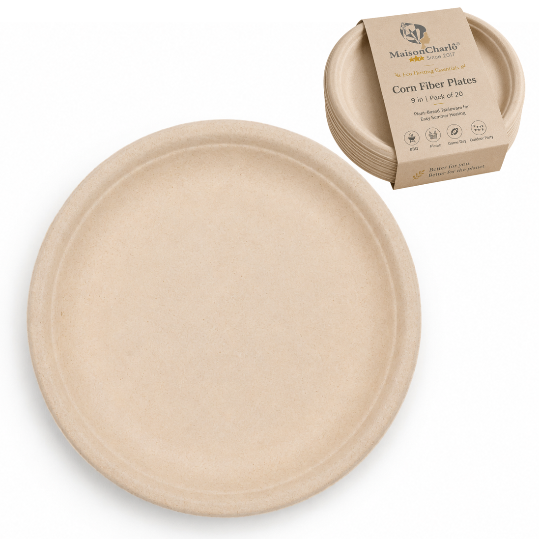 Corn Fiber Plates 9 in — Eco Hosting Tableware, Pack of 20