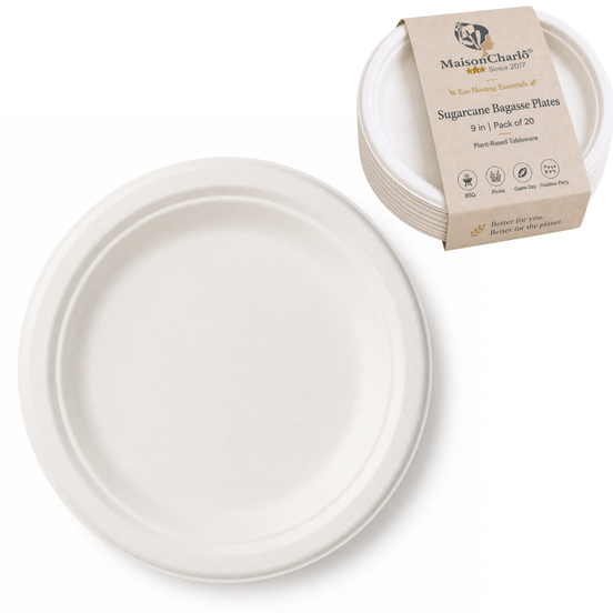 Sugarcane Bagasse Plates 9 in — Eco Hosting Tableware, Pack of 20