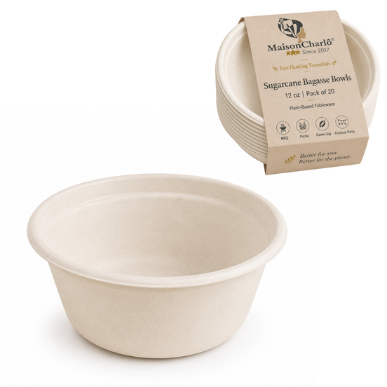 Sugarcane Bagasse Bowls 12 oz — Eco Hosting Tableware, Pack of 20