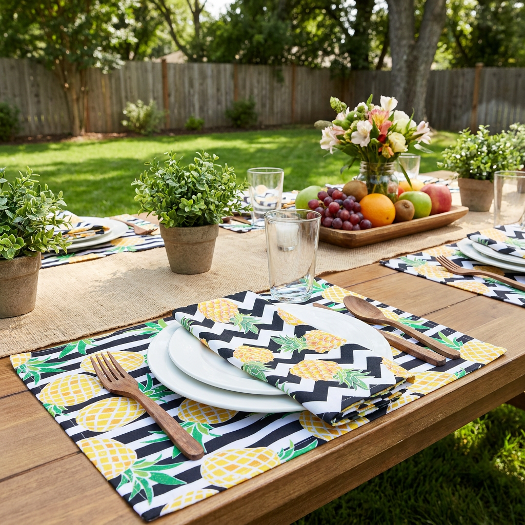 Charlo's Cloth Napkins Set of 4 Pineapple Stained Glass 16" by 16" - Black