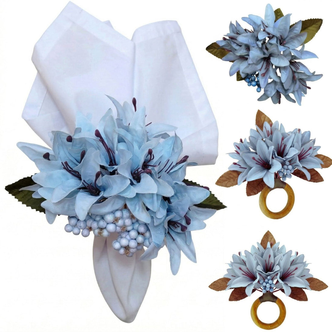 Maison Charlo Set of 4 Ice Blue Lilies Flower Celebration Napkin Rings
