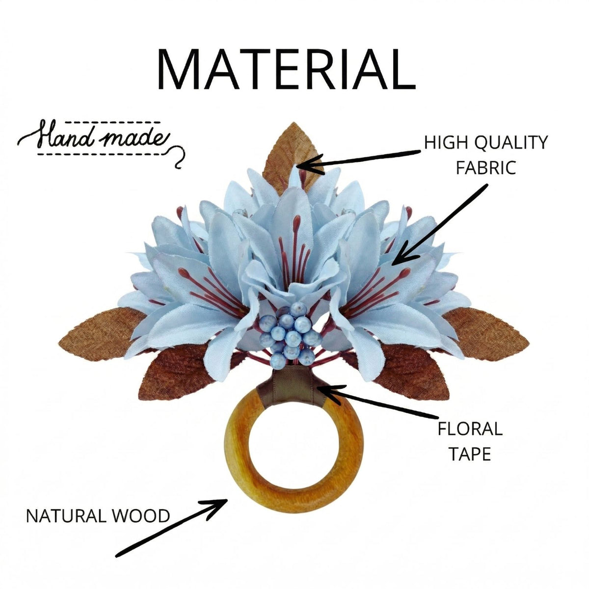 Maison Charlo Set of 4 Ice Blue Lilies Flower Celebration Napkin Rings