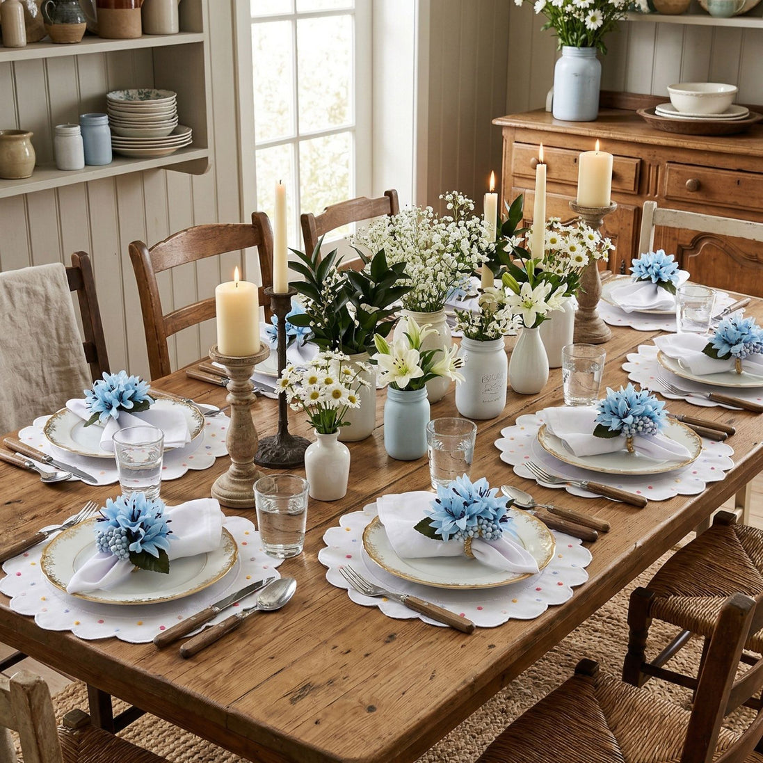 Maison Charlo Set of 4 Ice Blue Lilies Flower Celebration Napkin Rings