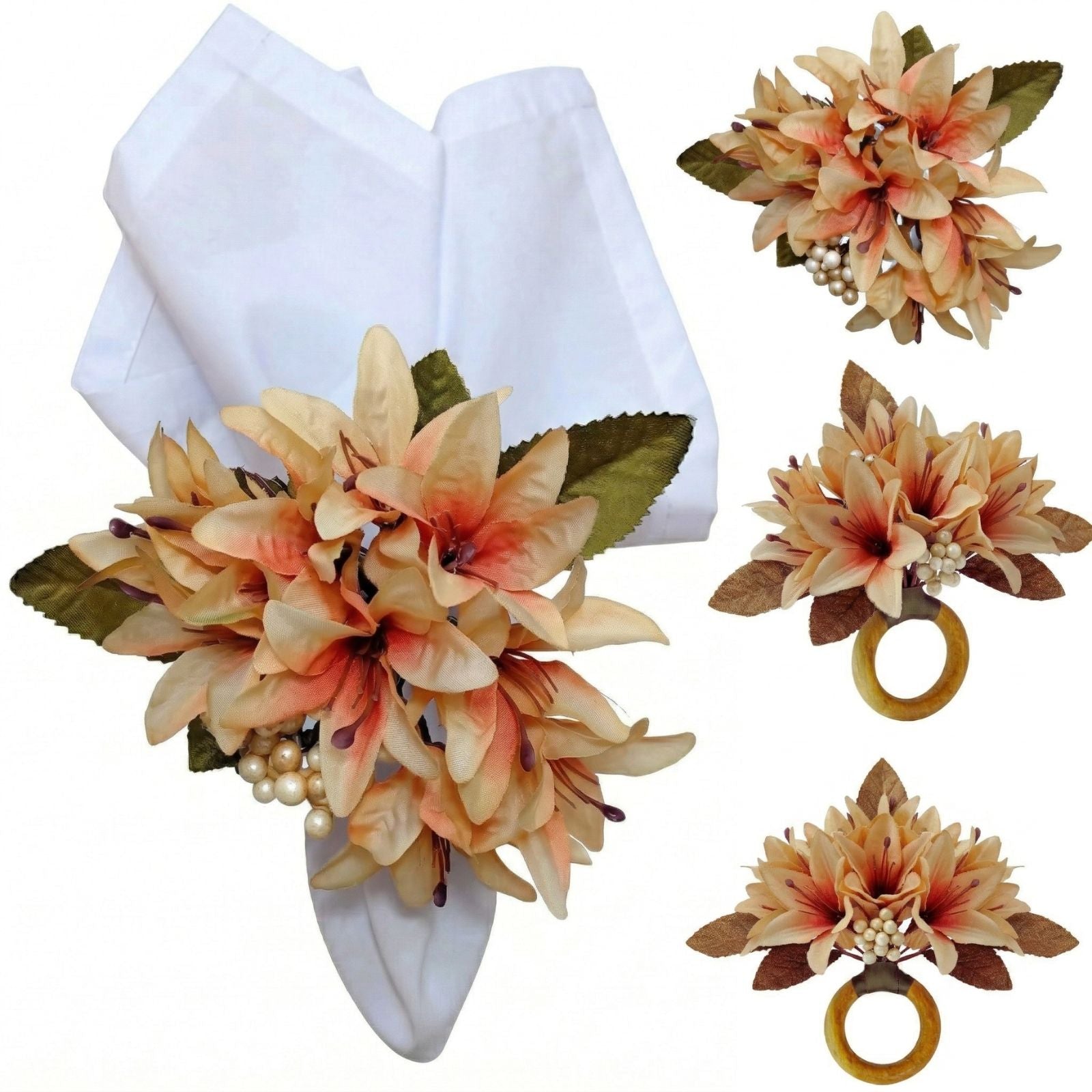 Maison Charlo Set of 4 Cream Lilies Flower Celebration Napkin Rings