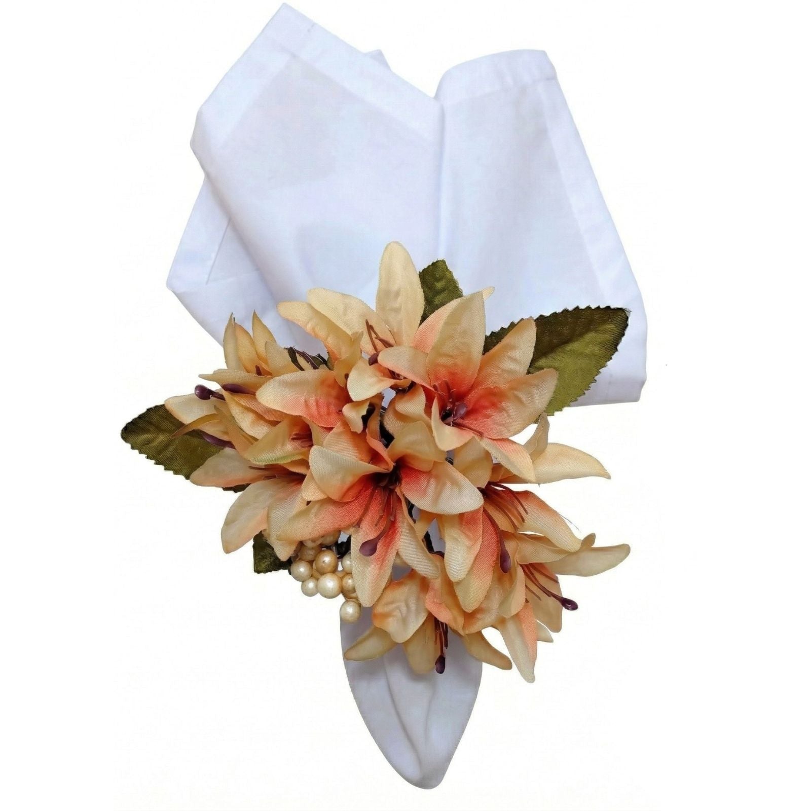 Maison Charlo Set of 4 Cream Lilies Flower Celebration Napkin Rings
