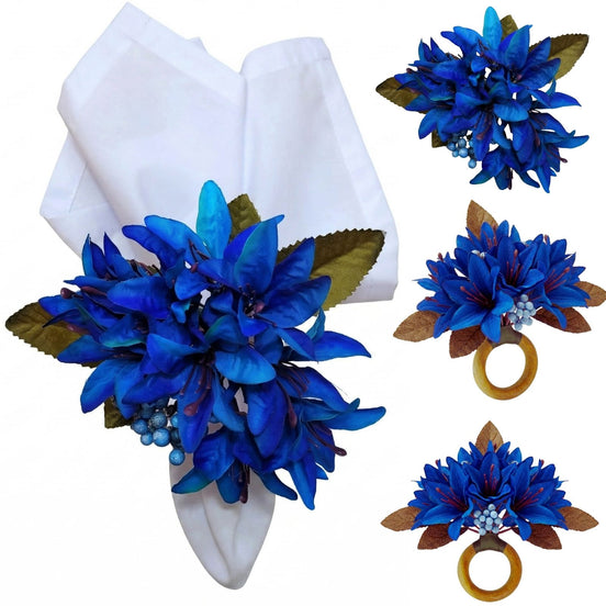 Maison Charlo Set of 4 Royal Blue Lilies Flower Celebration Napkin Rings