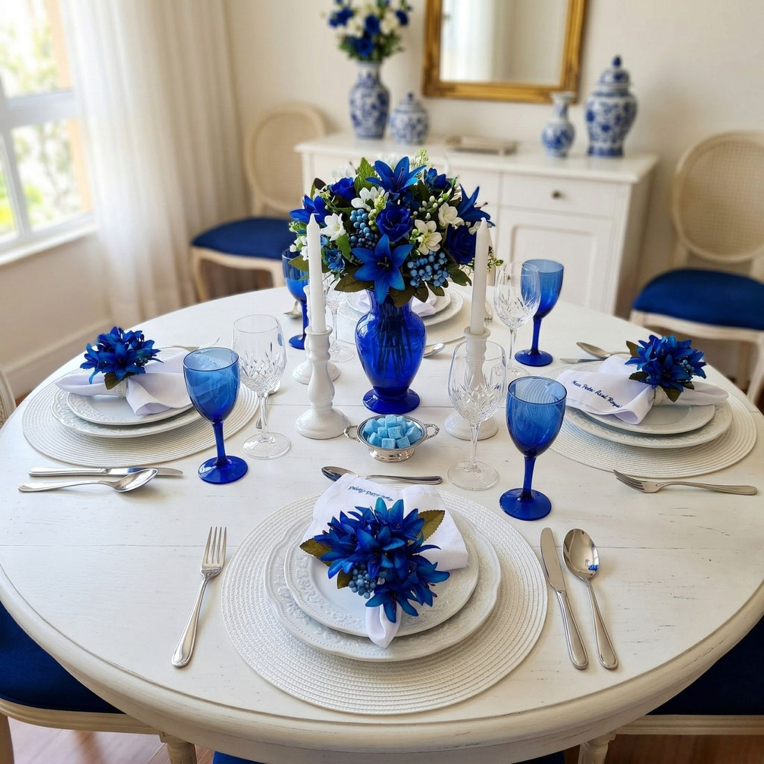 Maison Charlo Set of 4 Royal Blue Lilies Flower Celebration Napkin Rings