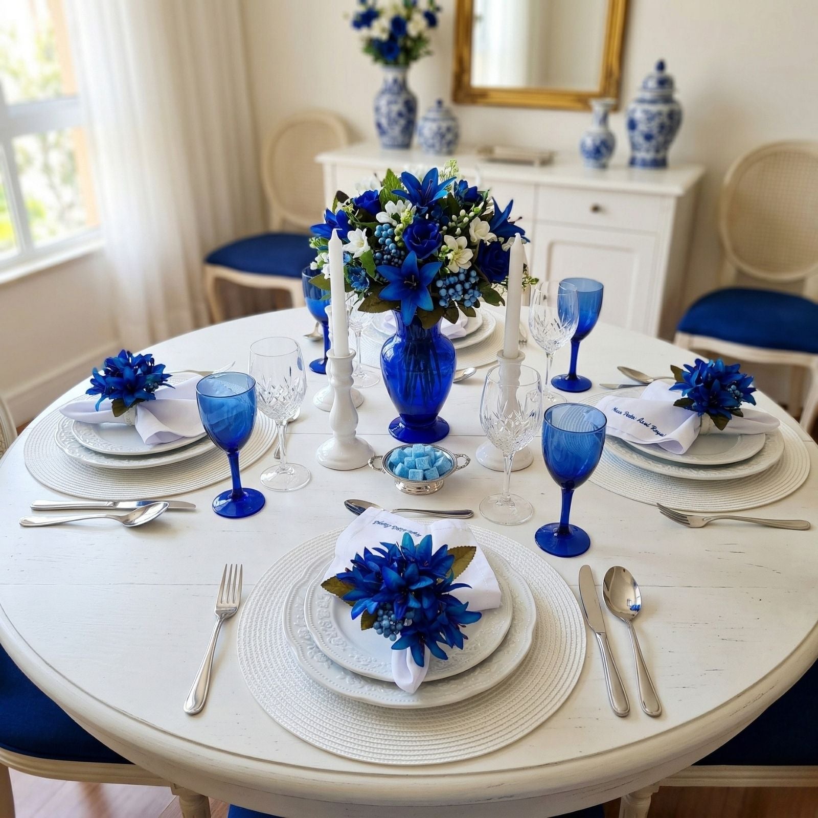 Maison Charlo Set of 4 Royal Blue Lilies Flower Celebration Napkin Rings