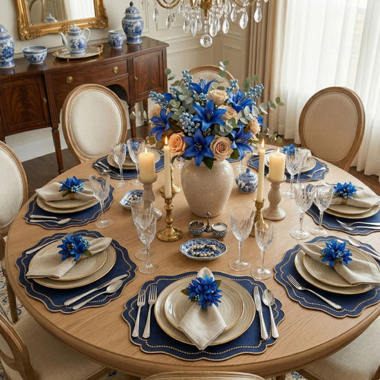Maison Charlo Set of 4 Royal Blue Lilies Flower Celebration Napkin Rings